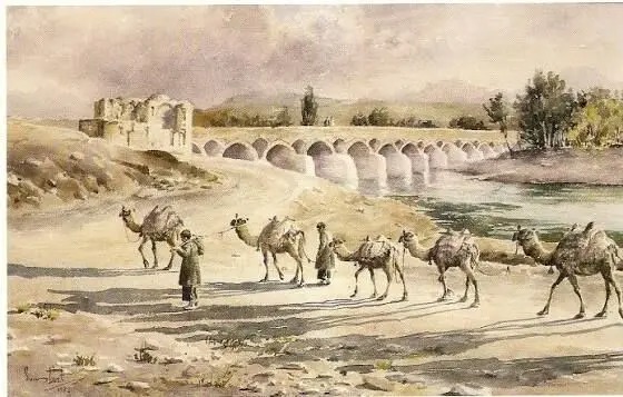 سفر در زمان؛ کاروان شترها در حال عبور از یک رودخانه؛ سال ۱۳۱۳
